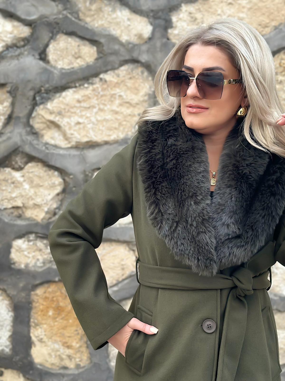 Premium Seri Yakası Kürklü Kaşe Kaban HAKİ