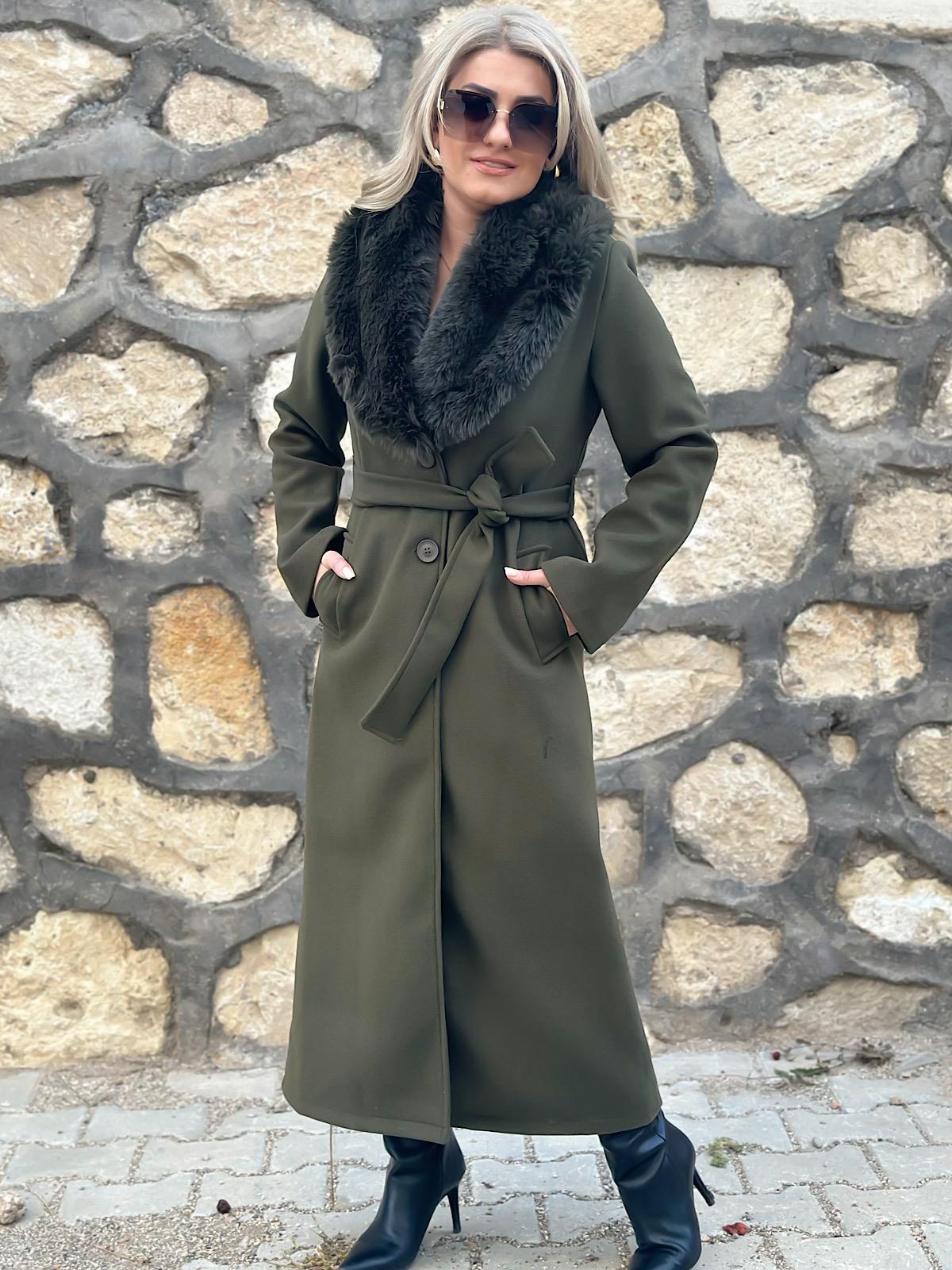 Premium Seri Yakası Kürklü Kaşe Kaban HAKİ