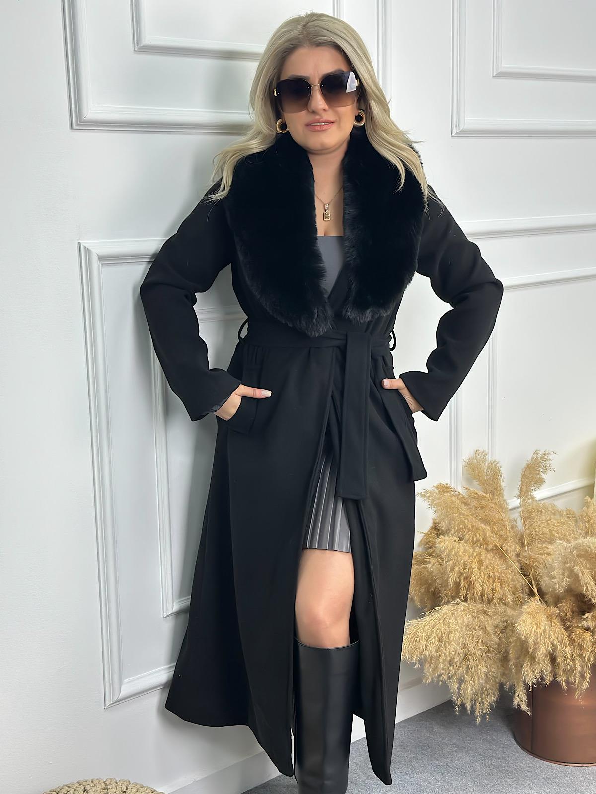 Premium Seri Yakası Kürklü Kaşe Kaban SİYAH