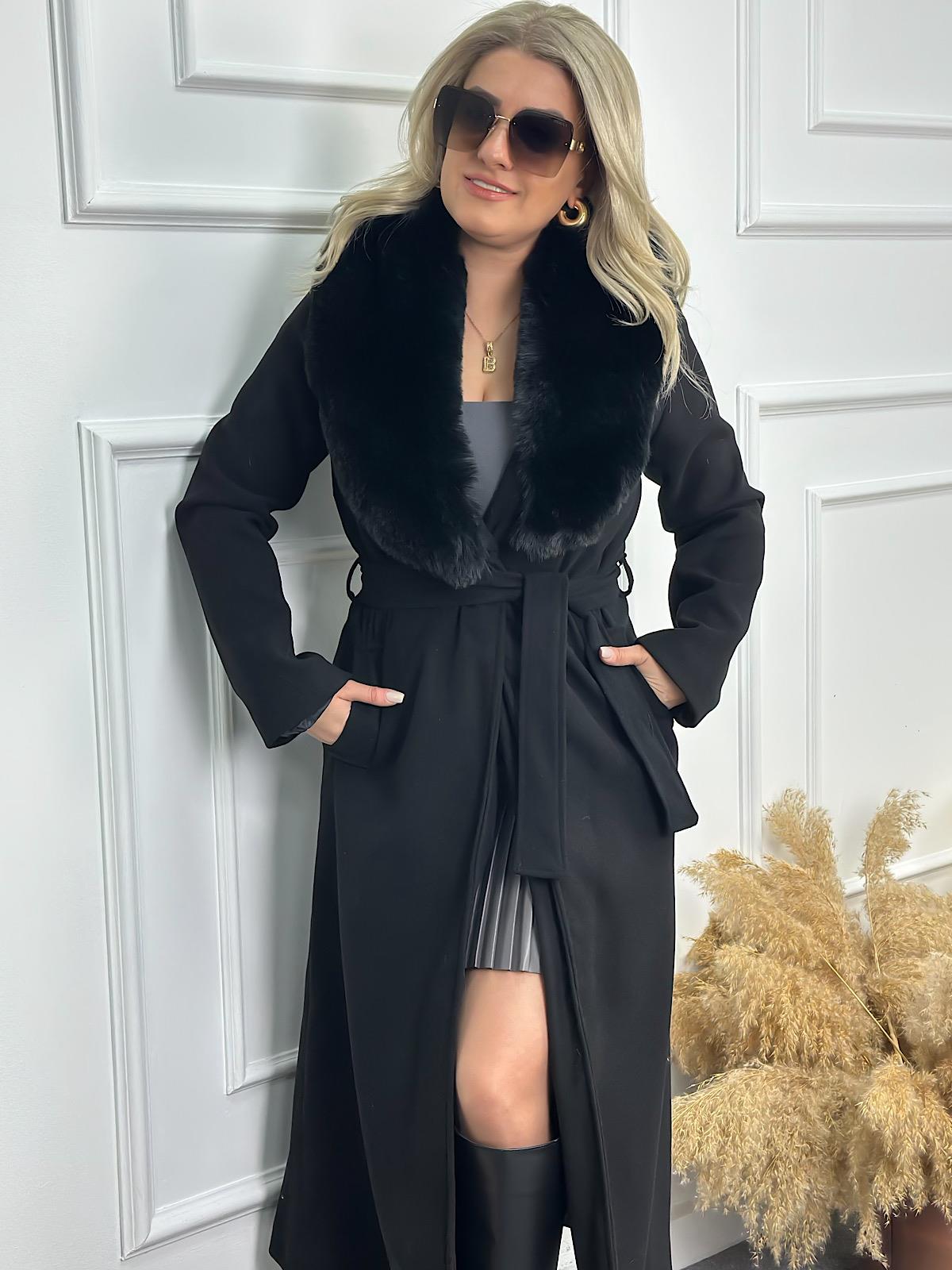 Premium Seri Yakası Kürklü Kaşe Kaban SİYAH