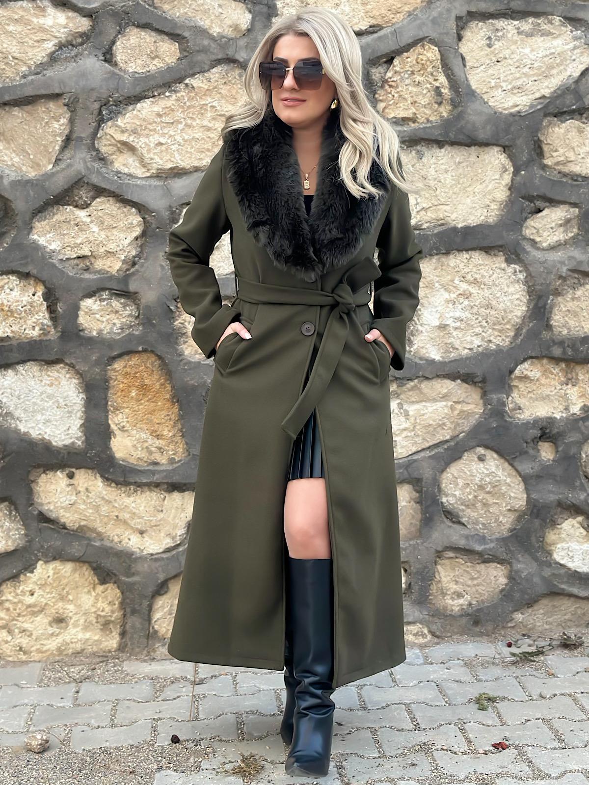 Premium Seri Yakası Kürklü Kaşe Kaban HAKİ