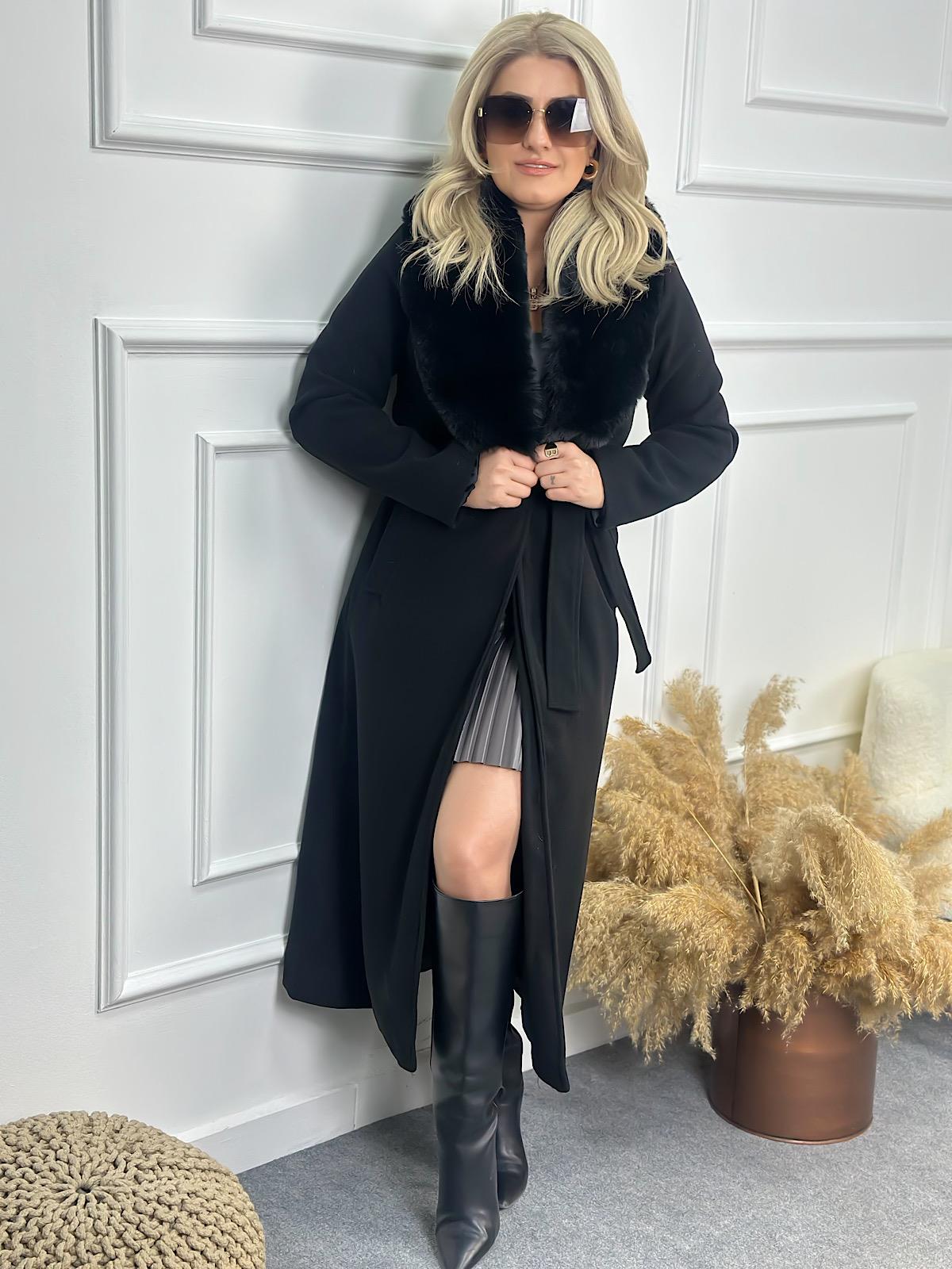 Premium Seri Yakası Kürklü Kaşe Kaban SİYAH