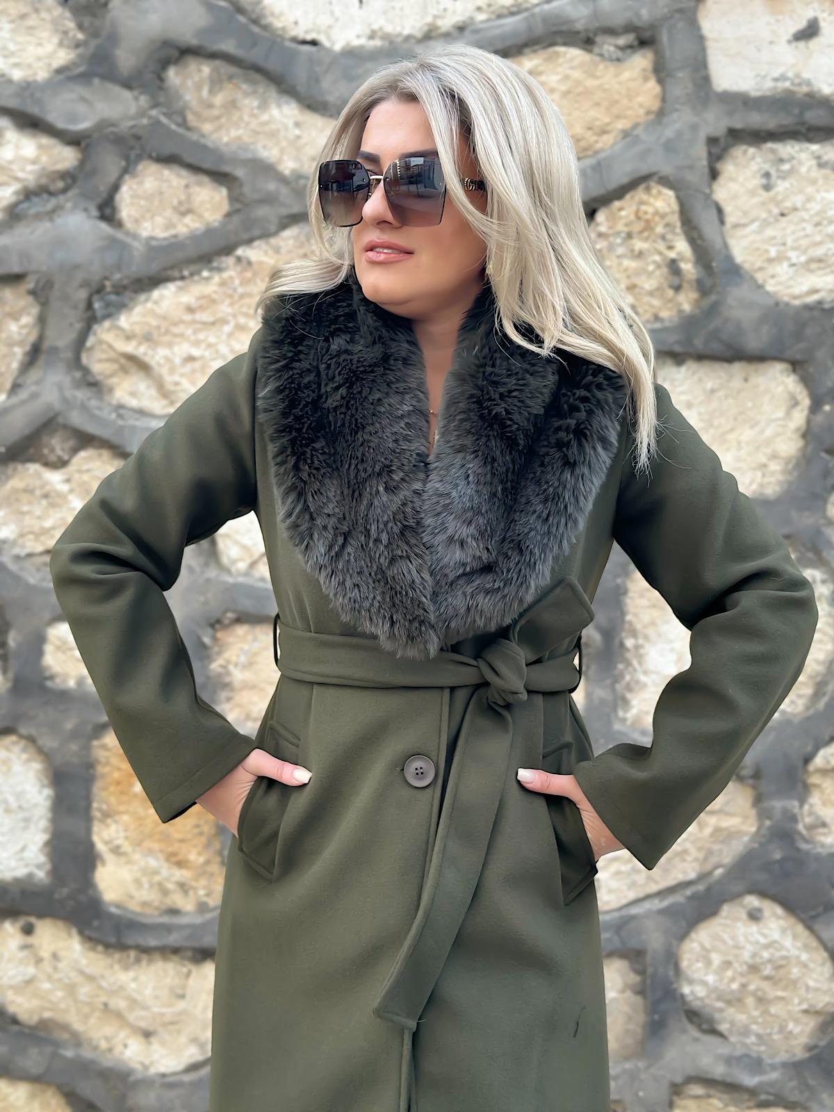 Premium Seri Yakası Kürklü Kaşe Kaban HAKİ