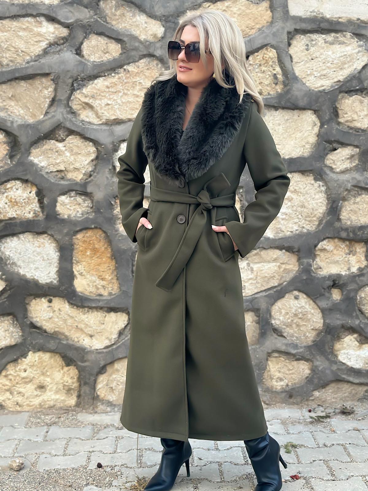 Premium Seri Yakası Kürklü Kaşe Kaban HAKİ