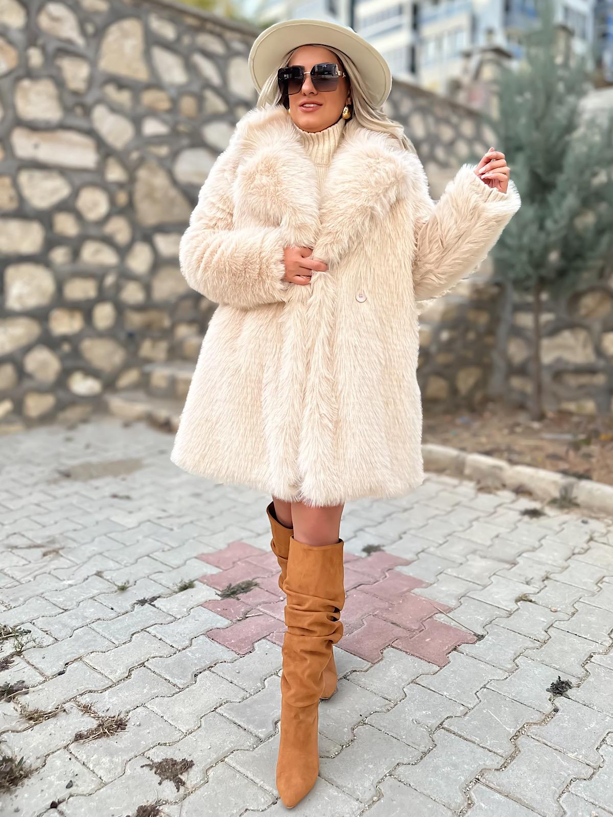Premium Uzun Suni Kürk Mont EKRU