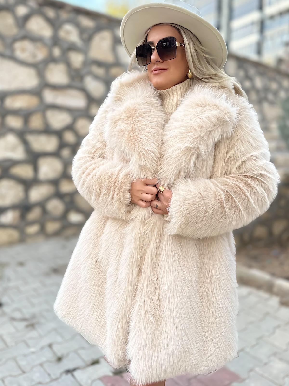 Premium Uzun Suni Kürk Mont EKRU