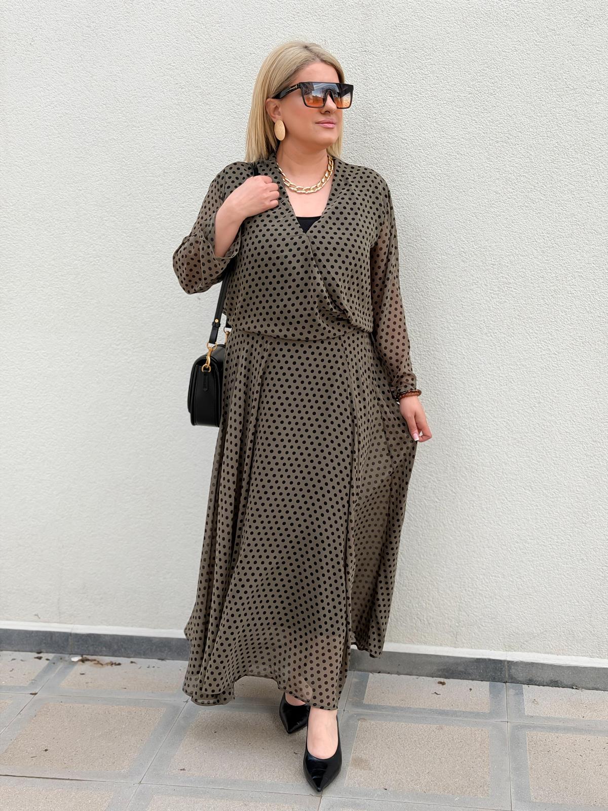 Puantiyeli Şifon Etek Takım HAKİ