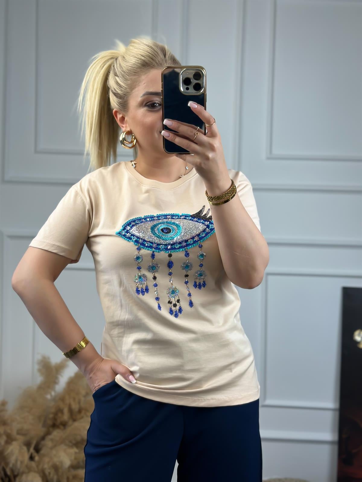 Pullu Göz Detaylı Tshirt BEJ