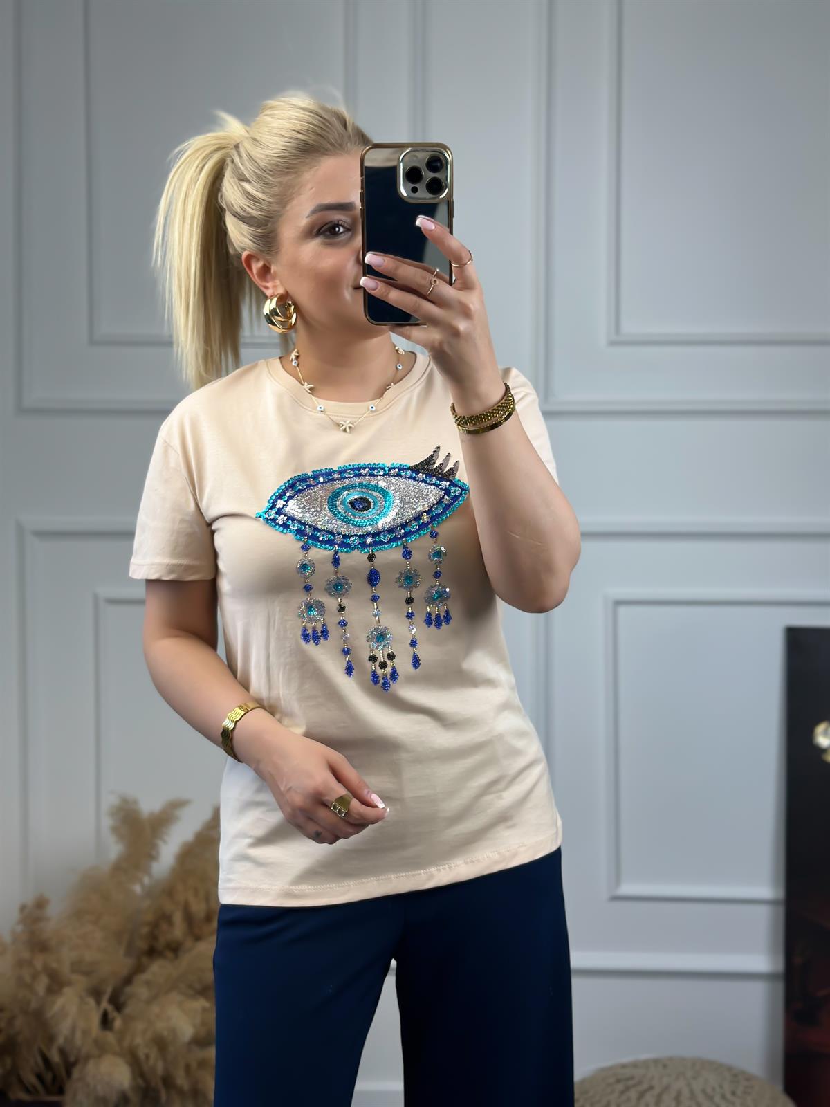 Pullu Göz Detaylı Tshirt BEJ