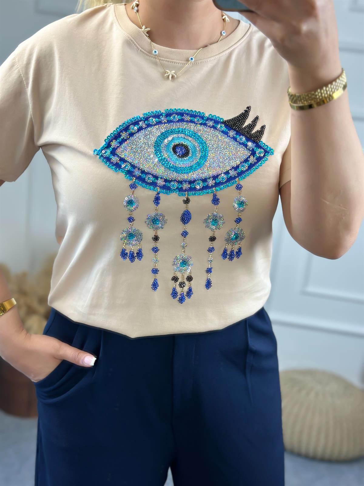 Pullu Göz Detaylı Tshirt BEJ