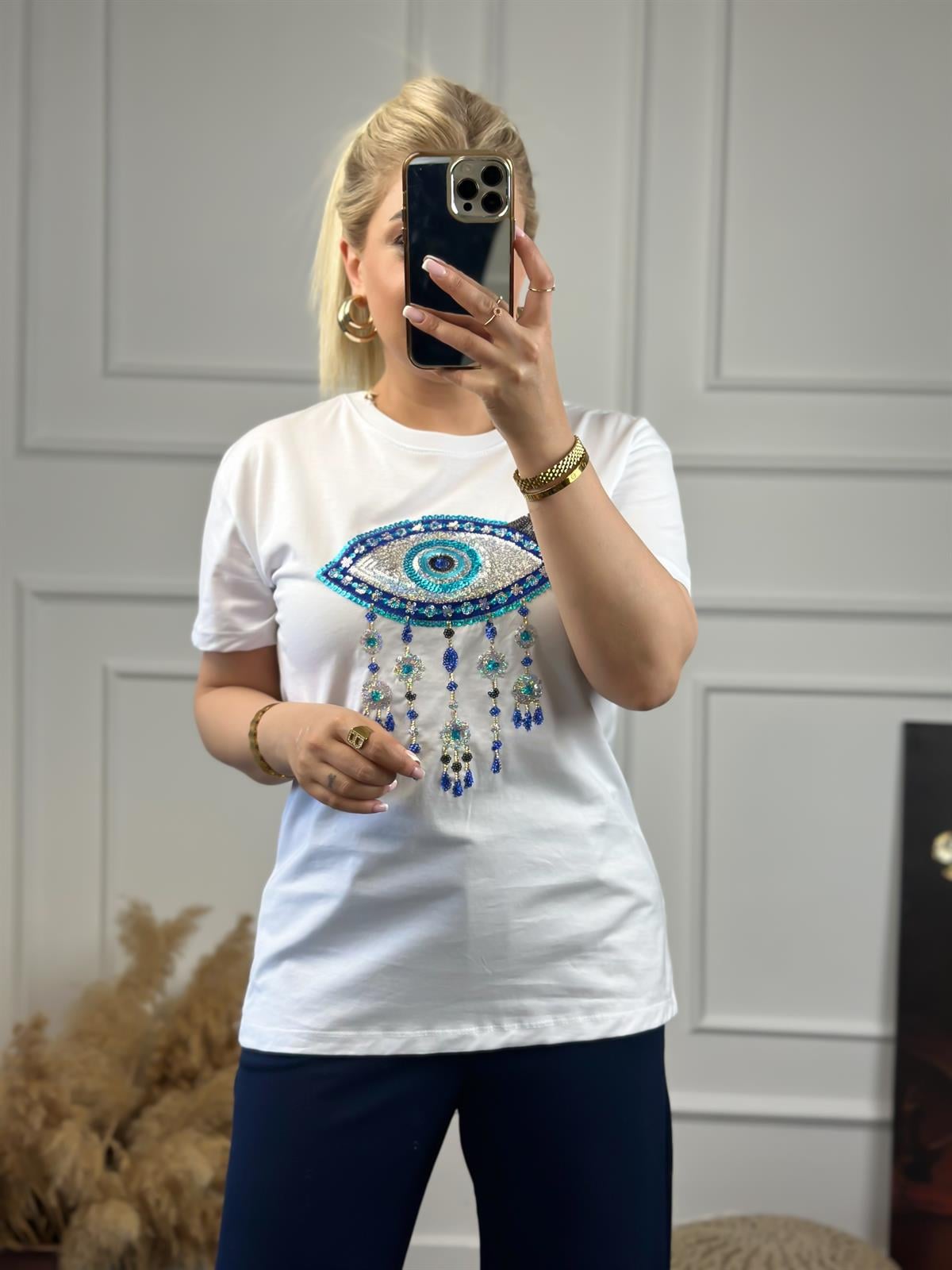 Pullu Göz Detaylı Tshirt BEYAZ