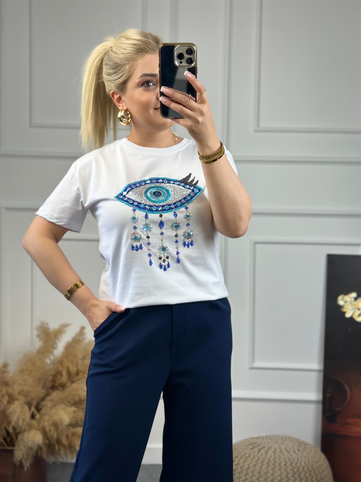 Pullu Göz Detaylı Tshirt BEYAZ