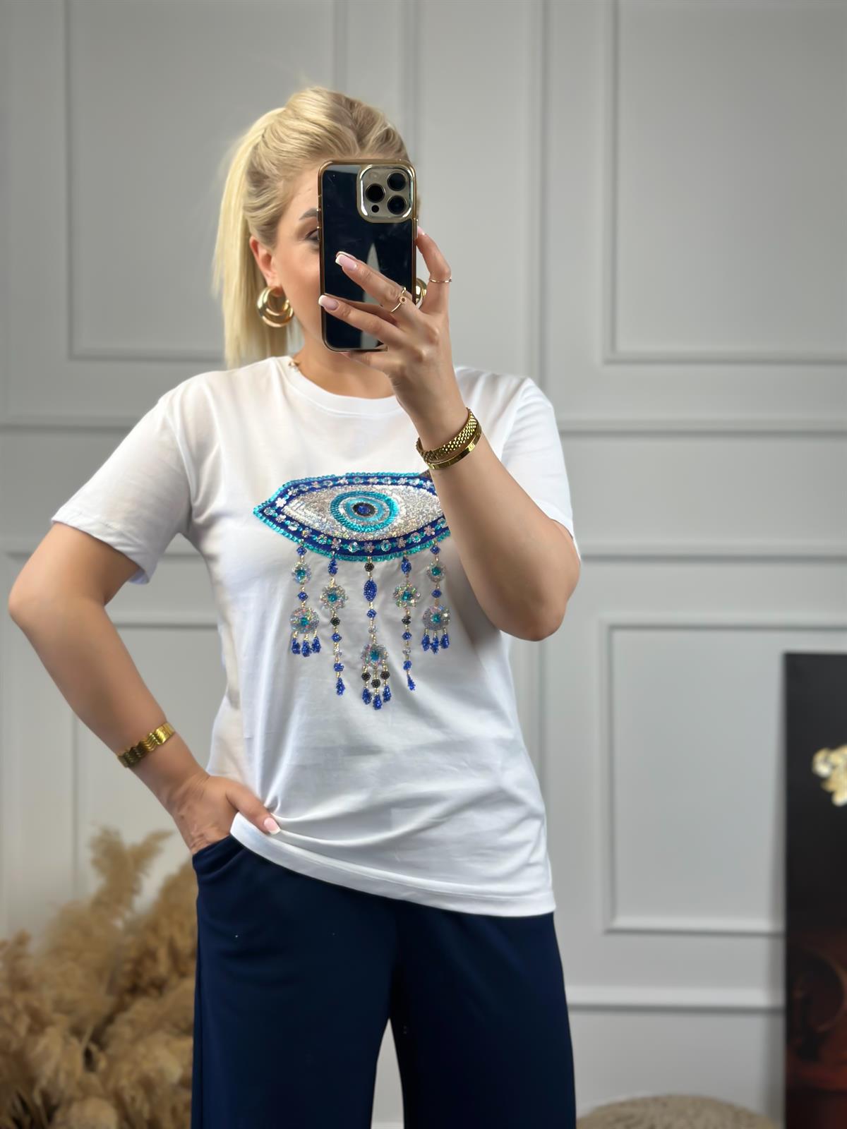 Pullu Göz Detaylı Tshirt BEYAZ