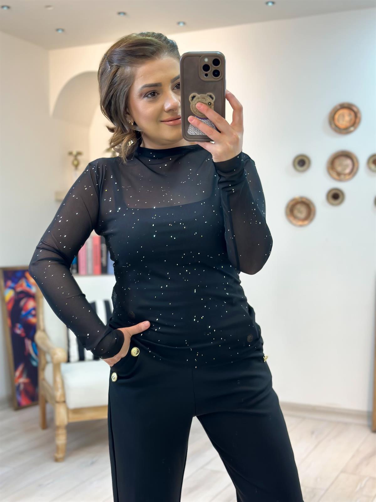 Pullu Transparan Bluz SİYAH