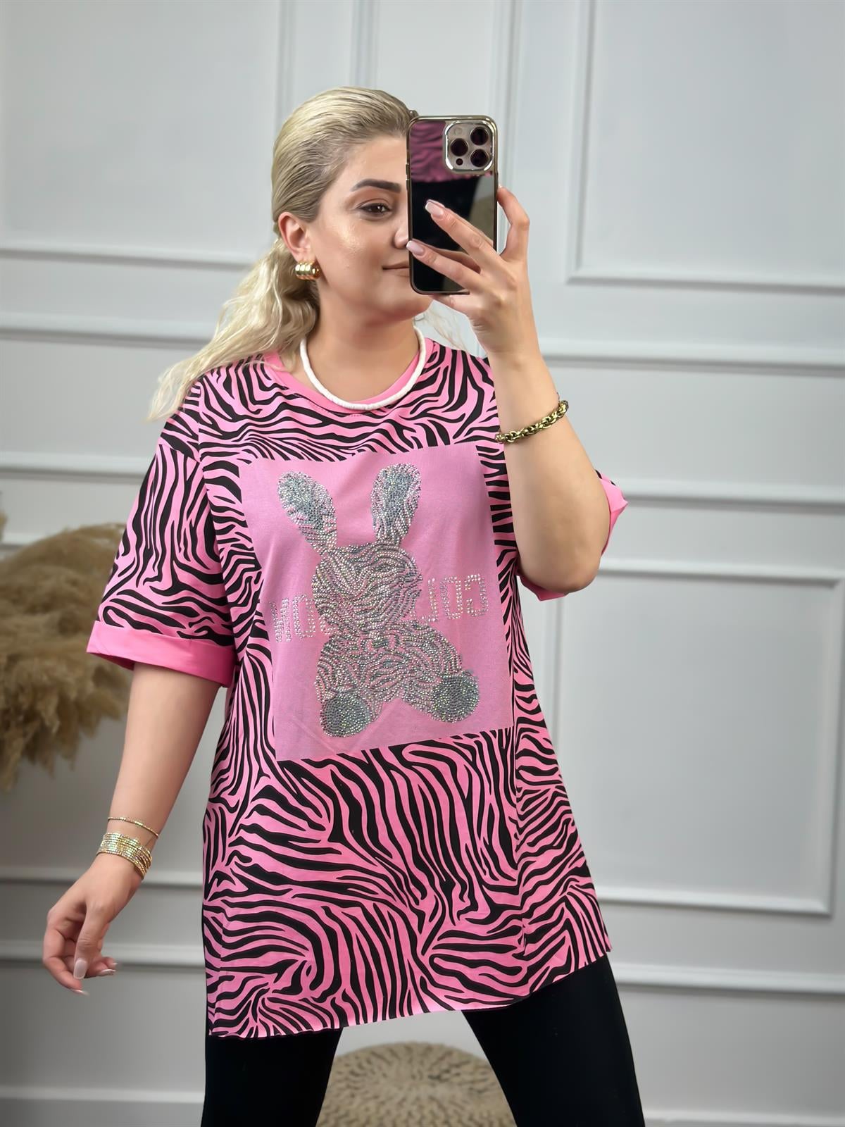 Renkli Tavşanlı Tshirt PEMBE