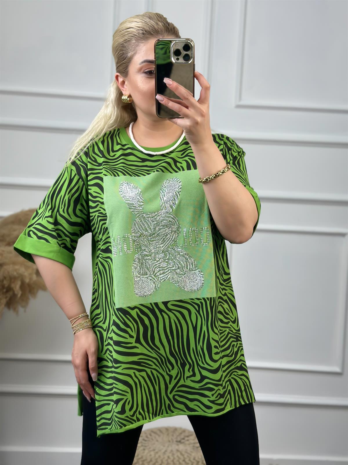 Renkli Tavşanlı Tshirt YEŞİL