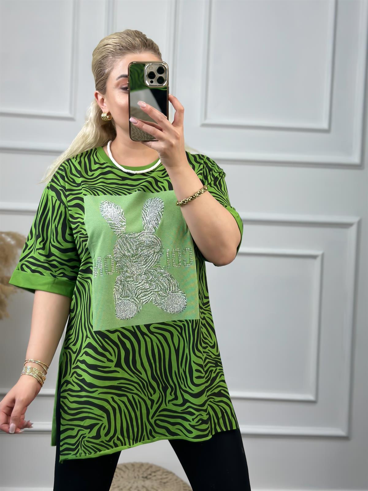 Renkli Tavşanlı Tshirt YEŞİL