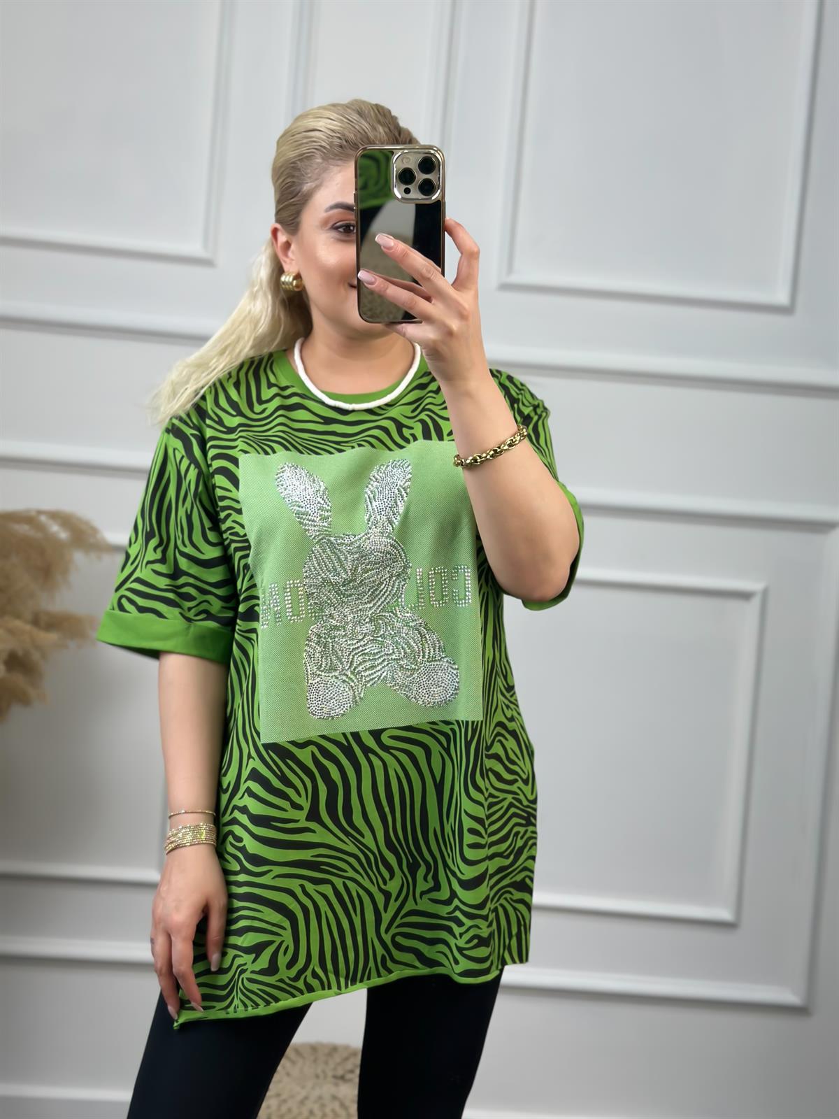 Renkli Tavşanlı Tshirt YEŞİL