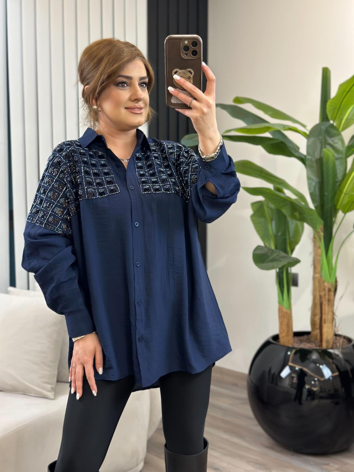 Saksı Pullu Keten Gömlek LACİVERT