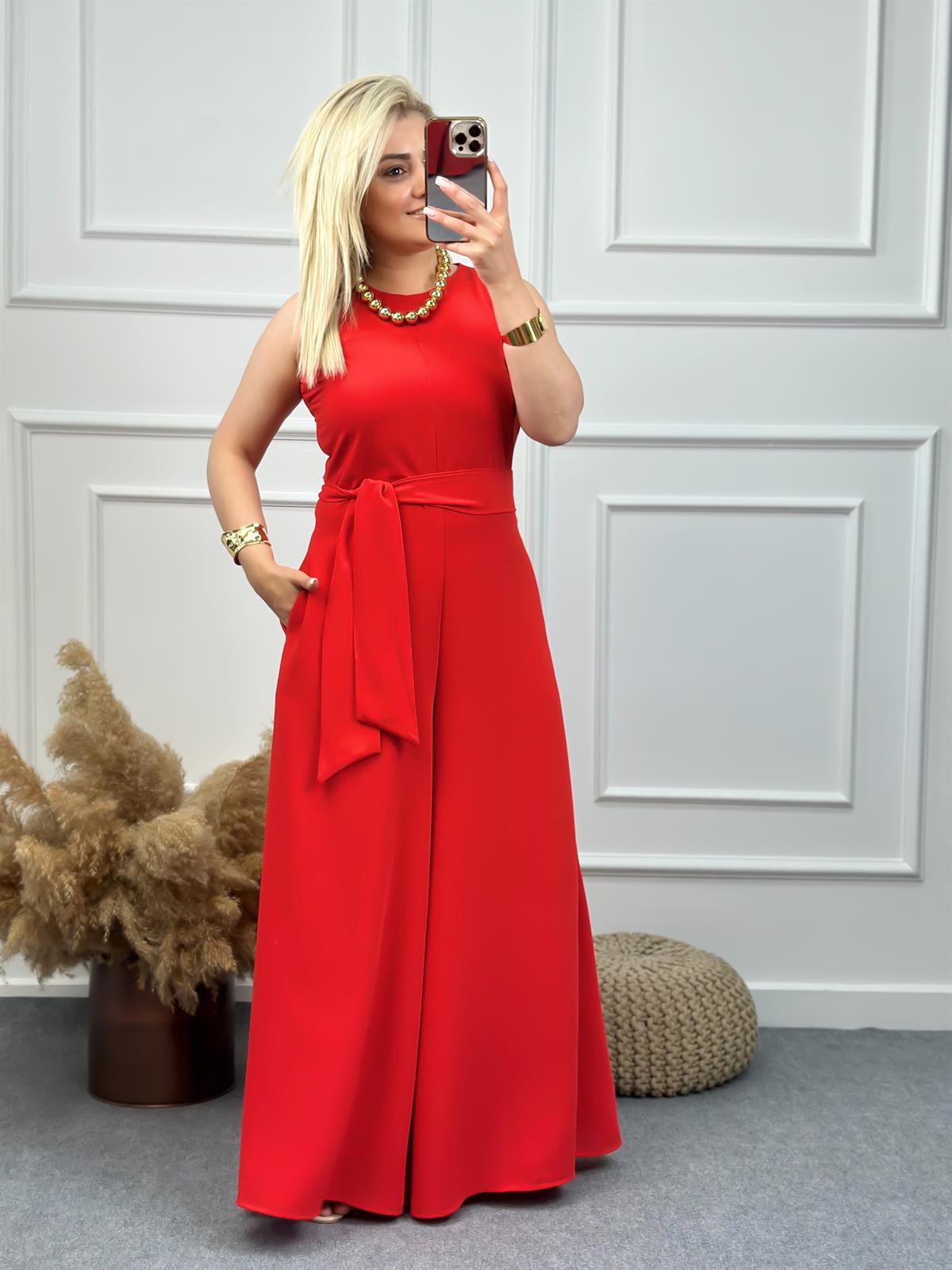 Şalvar Paça Kuşaklı Tulum NAR ÇİÇEĞİ