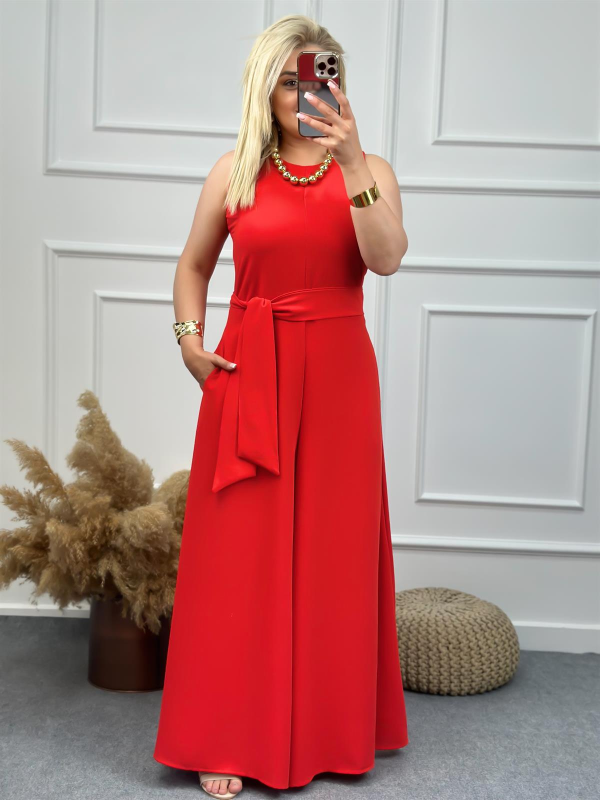 Şalvar Paça Kuşaklı Tulum NAR ÇİÇEĞİ