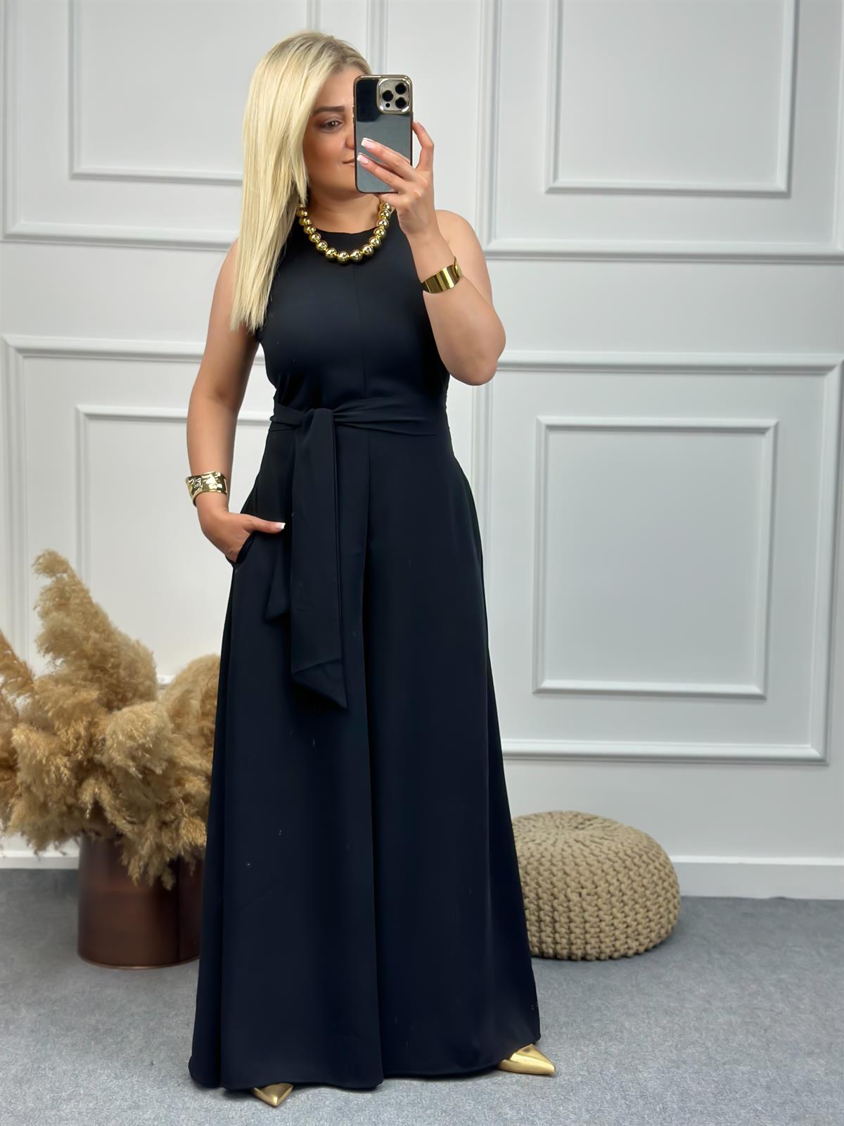 Şalvar Paça Kuşaklı Tulum SİYAH