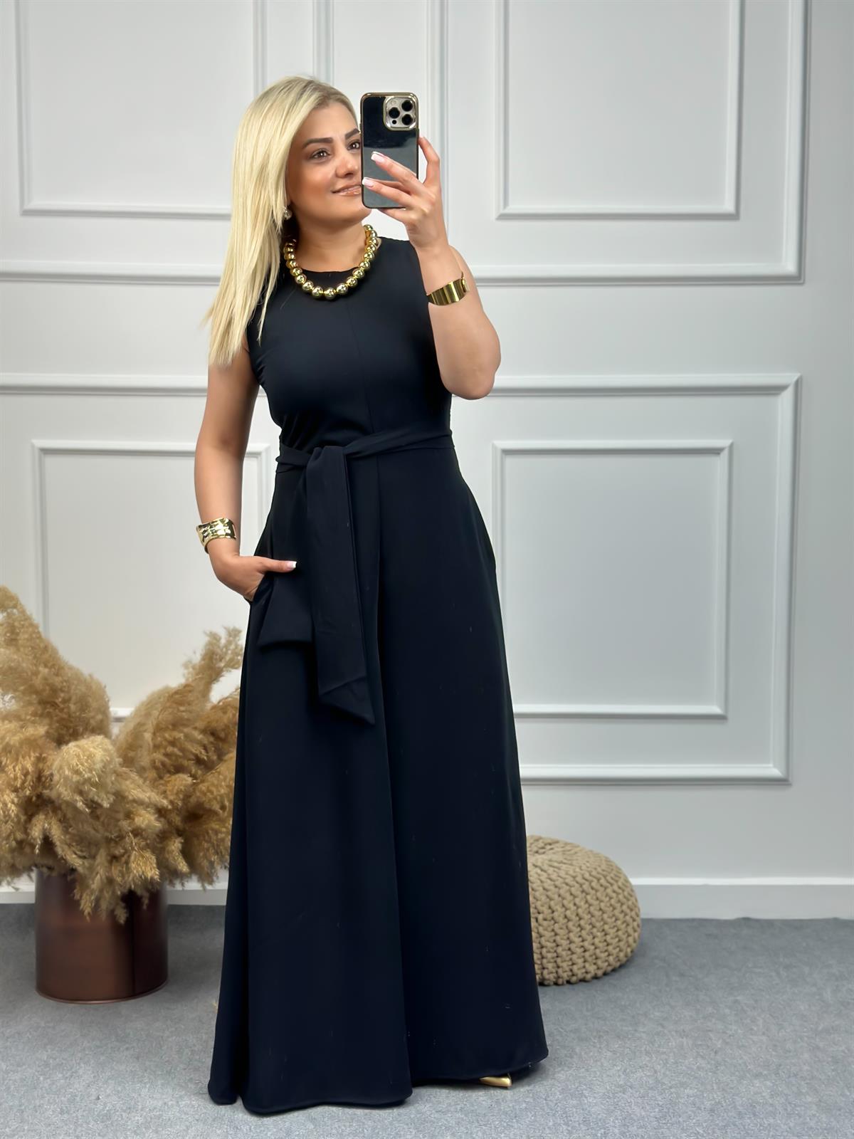 Şalvar Paça Kuşaklı Tulum SİYAH