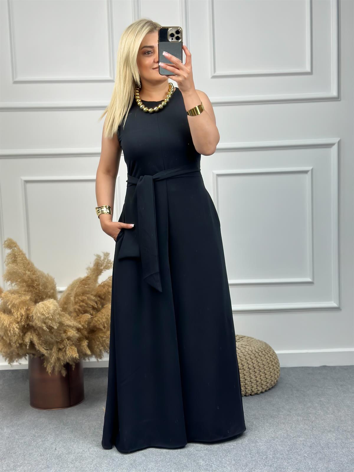 Şalvar Paça Kuşaklı Tulum SİYAH