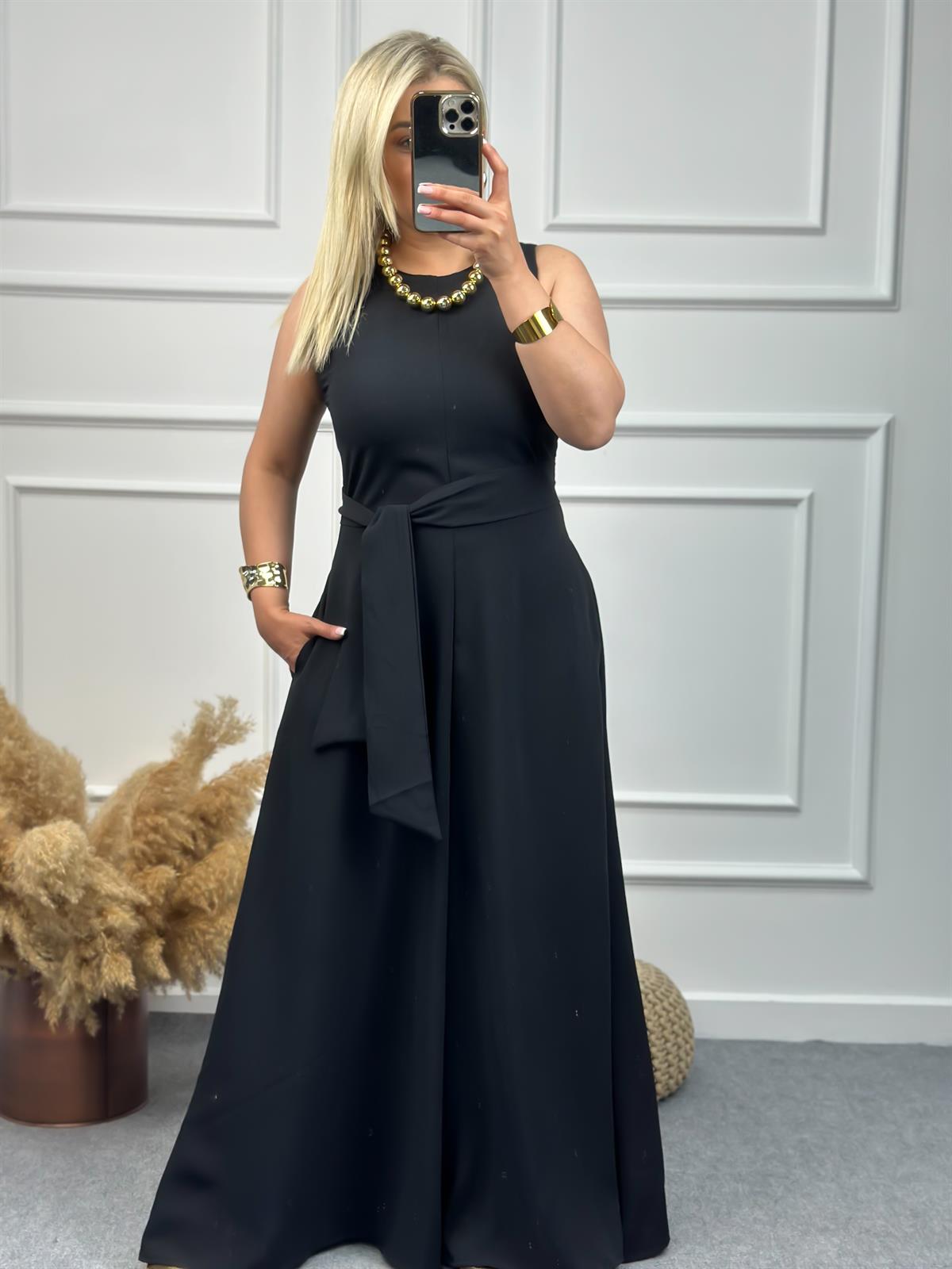 Şalvar Paça Kuşaklı Tulum SİYAH