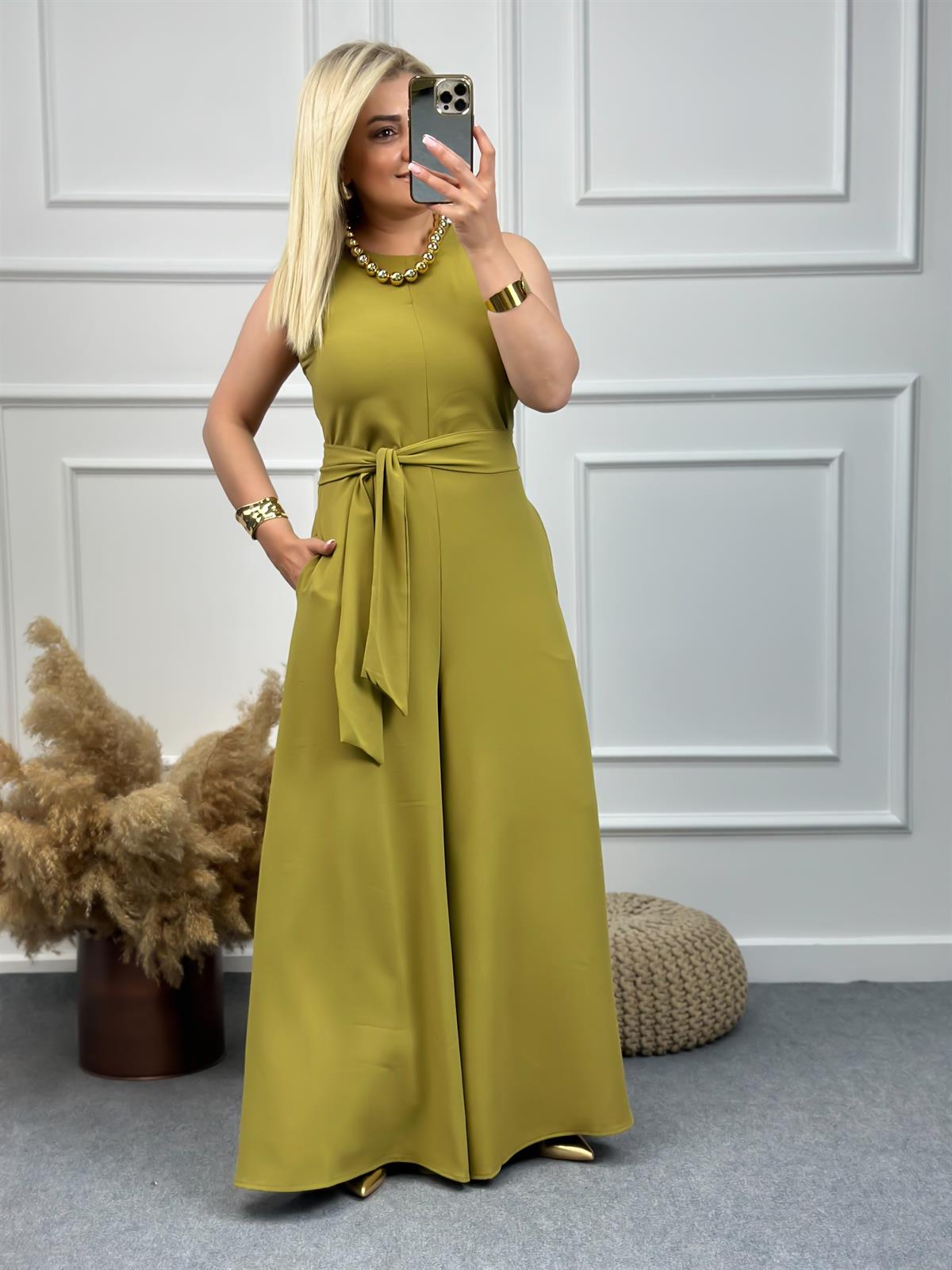 Şalvar Paça Kuşaklı Tulum YAĞ YEŞİLİ