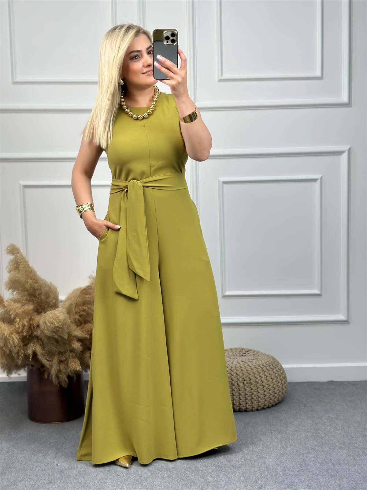 Şalvar Paça Kuşaklı Tulum YAĞ YEŞİLİ