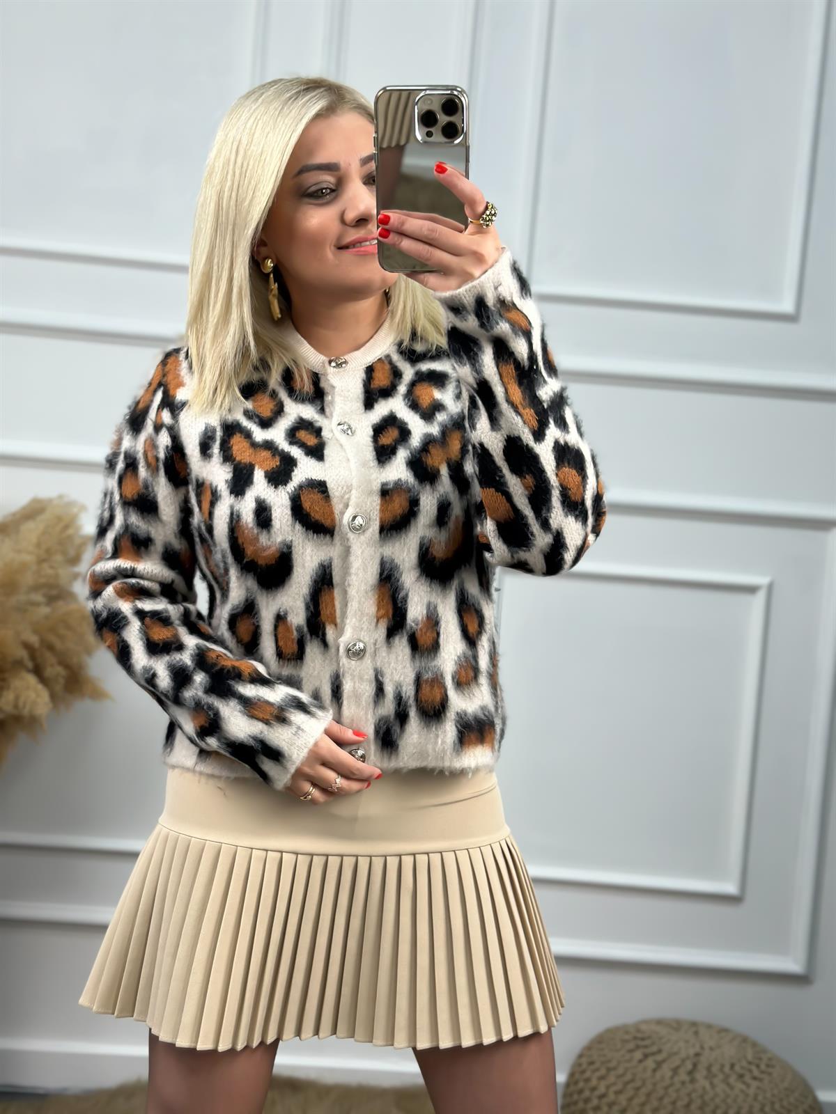Şardonlu Leopar Desen Hırka KAHVE