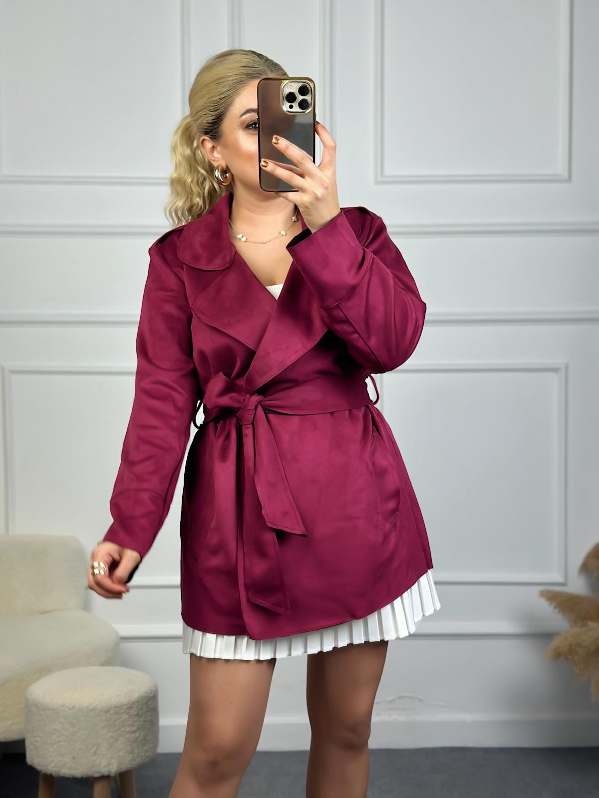 Scuba Süet Kuşaklı Astarsız Trençkot BORDO