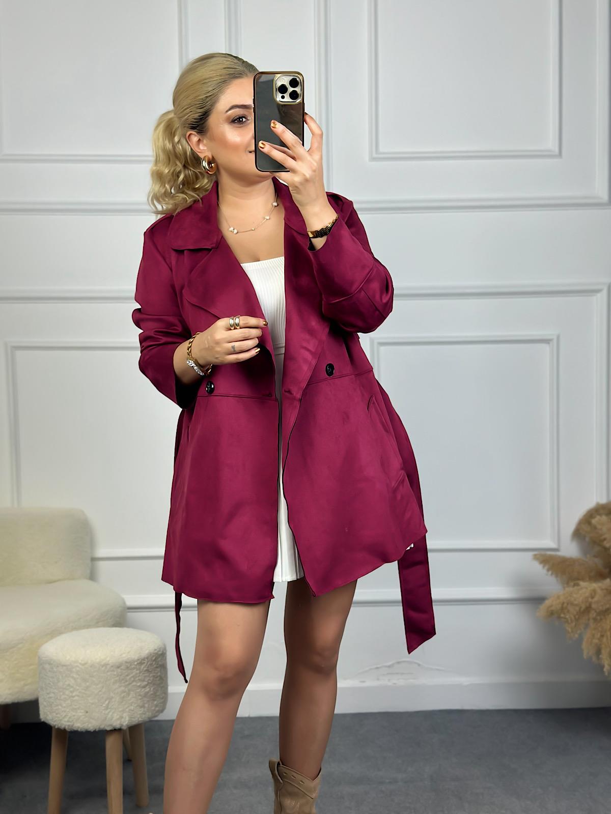 Scuba Süet Kuşaklı Astarsız Trençkot BORDO