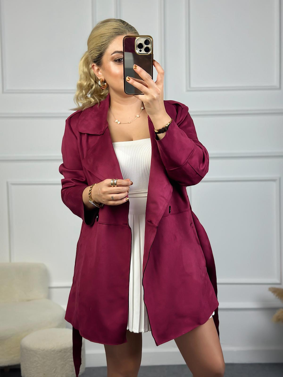 Scuba Süet Kuşaklı Astarsız Trençkot BORDO