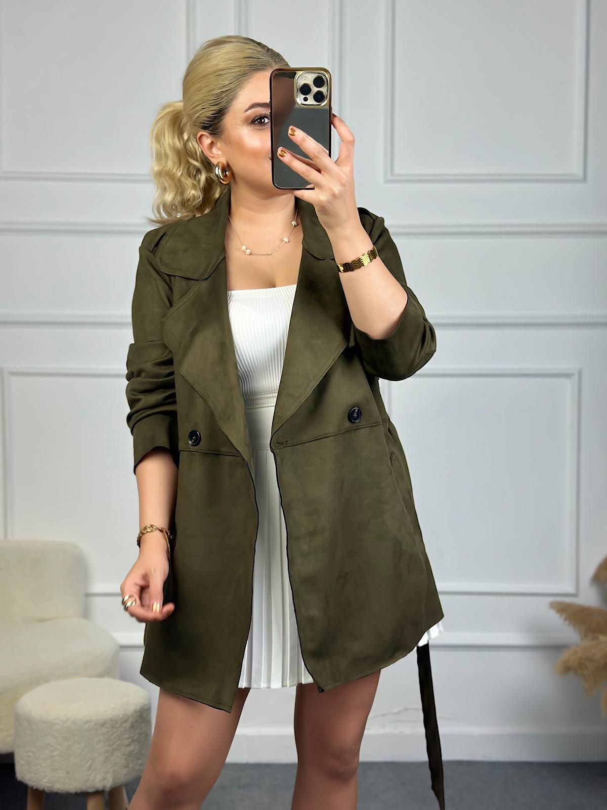 Scuba Süet Kuşaklı Astarsız Trençkot HAKİ