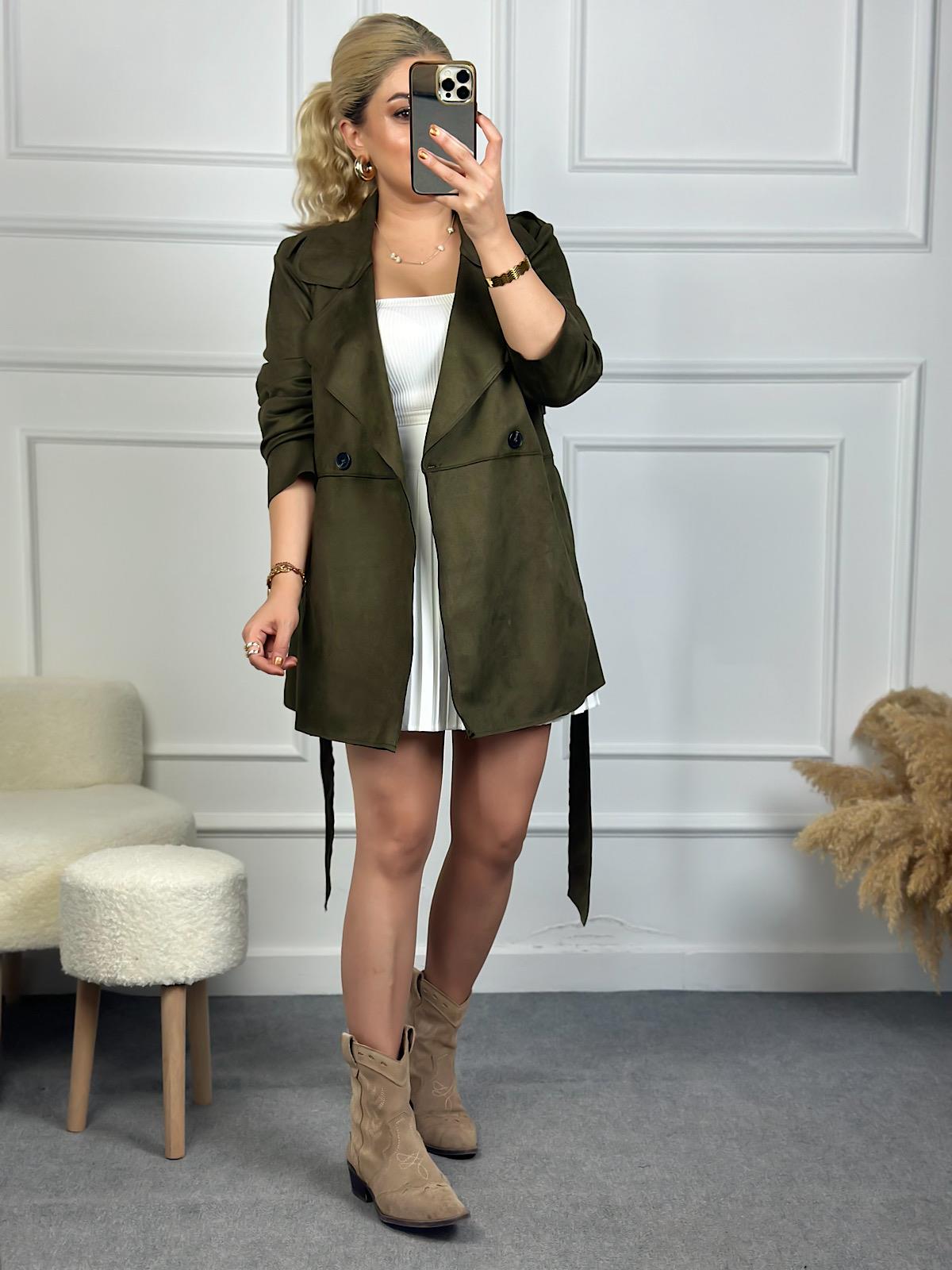 Scuba Süet Kuşaklı Astarsız Trençkot HAKİ