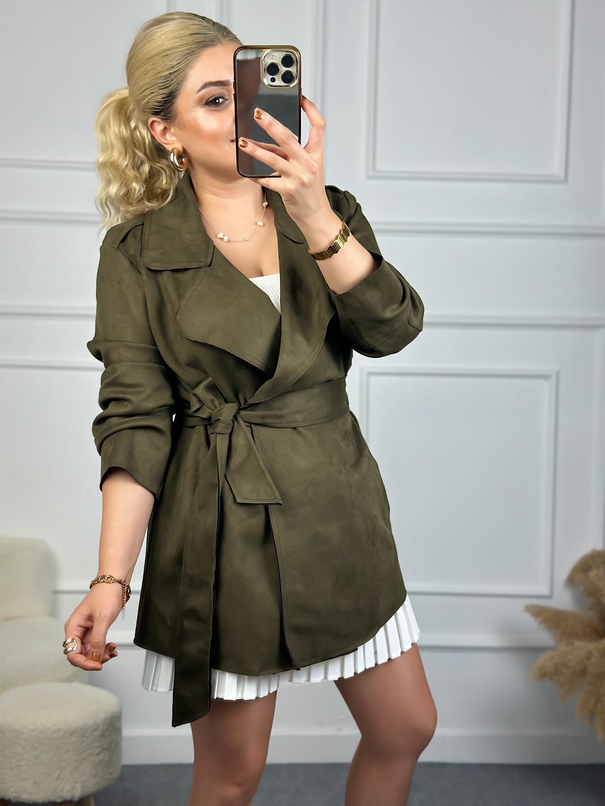 Scuba Süet Kuşaklı Astarsız Trençkot HAKİ