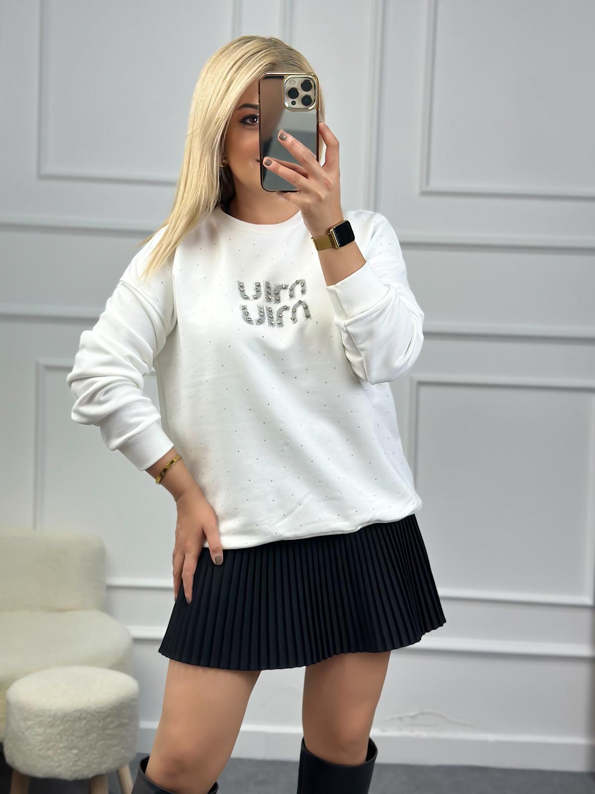Serpme Miu Taşlı Sewatshirt BEYAZ