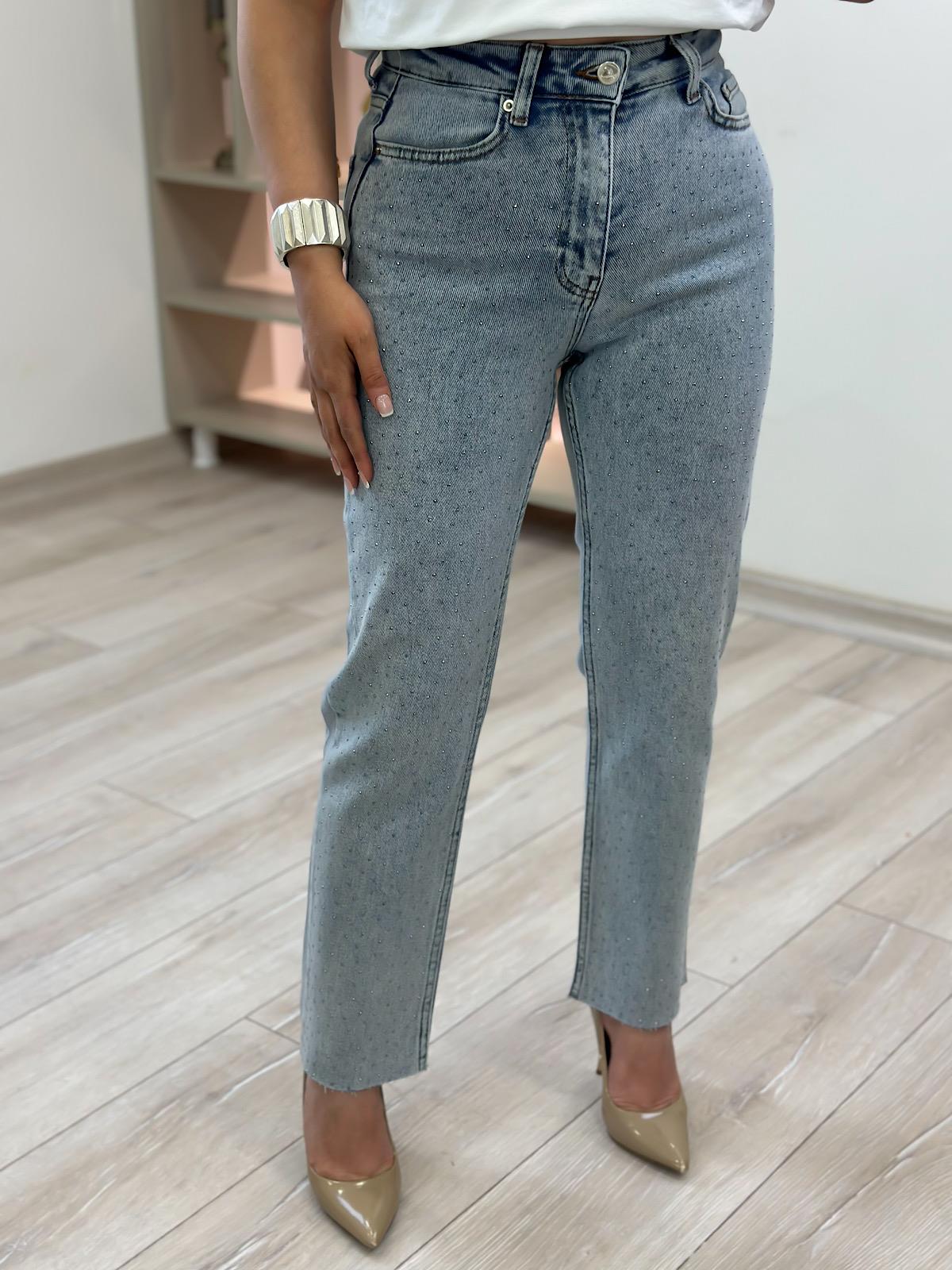 Serpme Taş Detay Mom Fit Pantolon BUZ MAVİ
