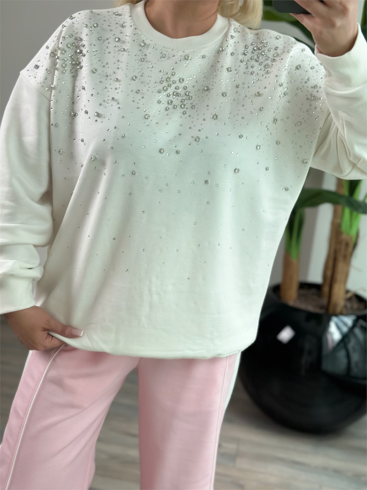 Serpme Taş Detaylı Sweatshirt BEYAZ