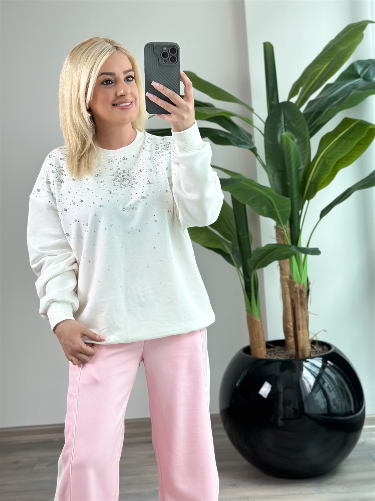 Serpme Taş Detaylı Sweatshirt BEYAZ
