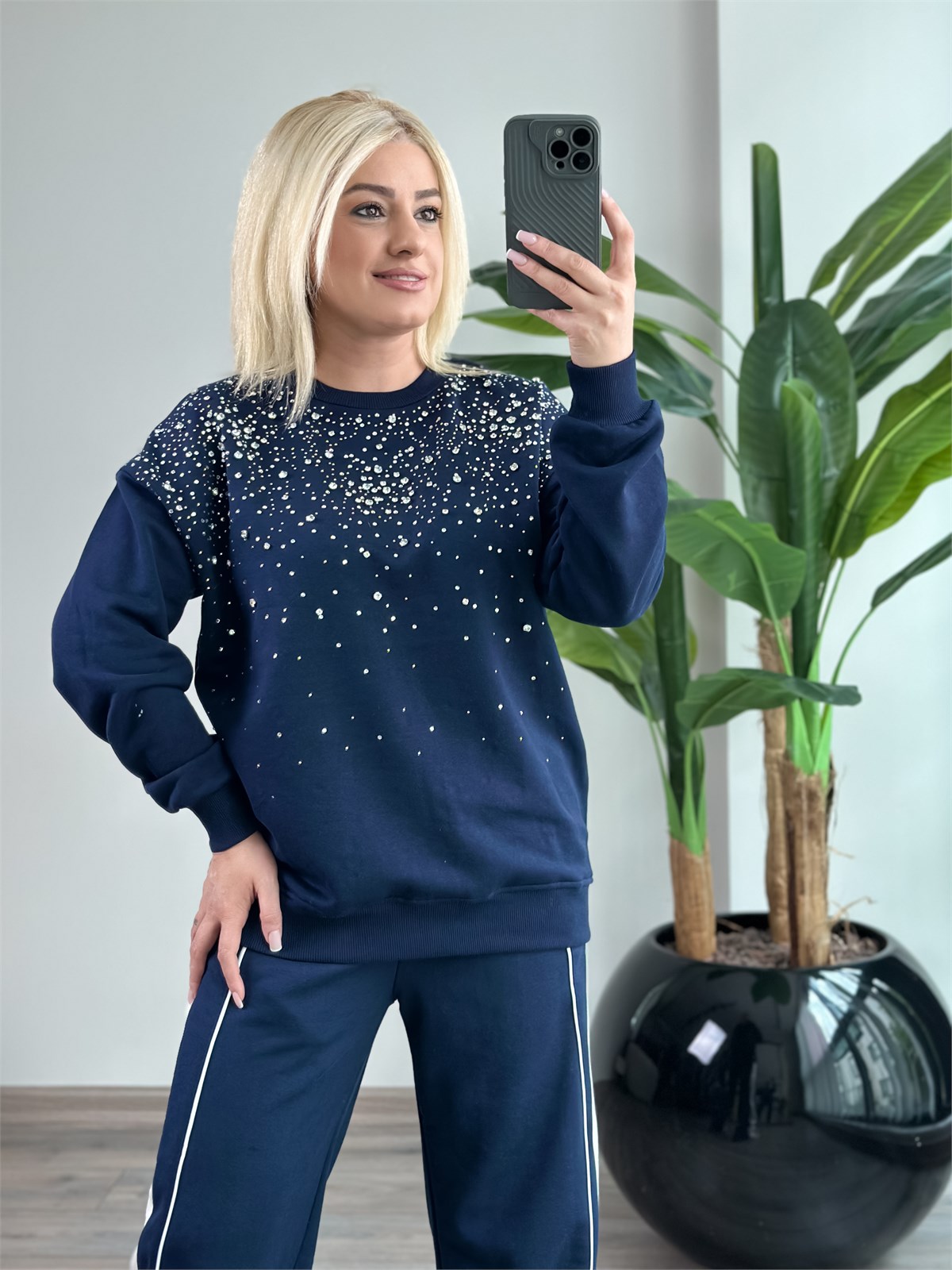 Serpme Taş Detaylı Sweatshirt LACİVERT