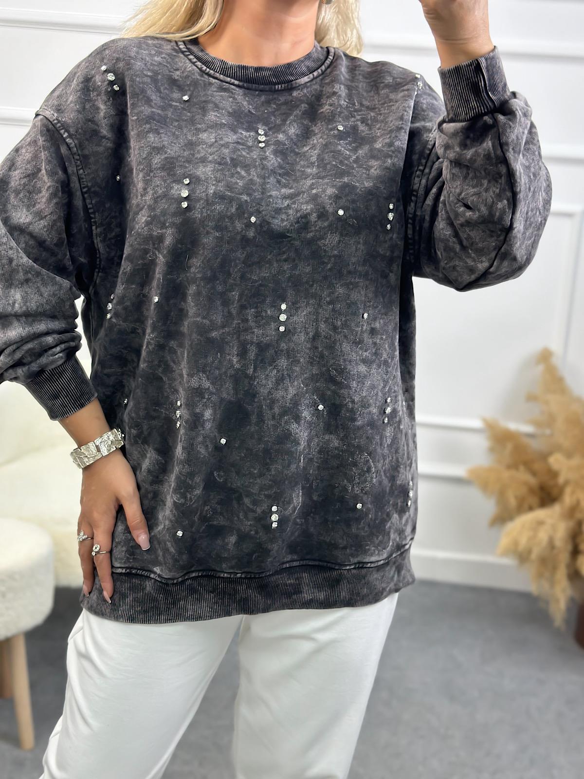 Serpme Taşlı Yıkamalı Sweatshirt FÜME