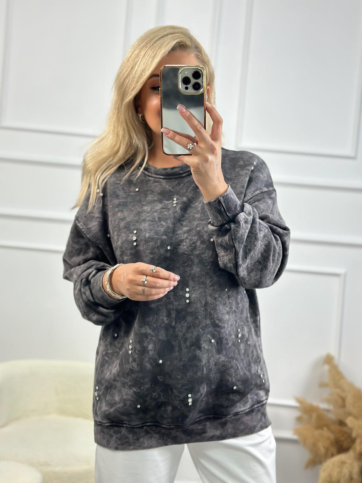 Serpme Taşlı Yıkamalı Sweatshirt FÜME