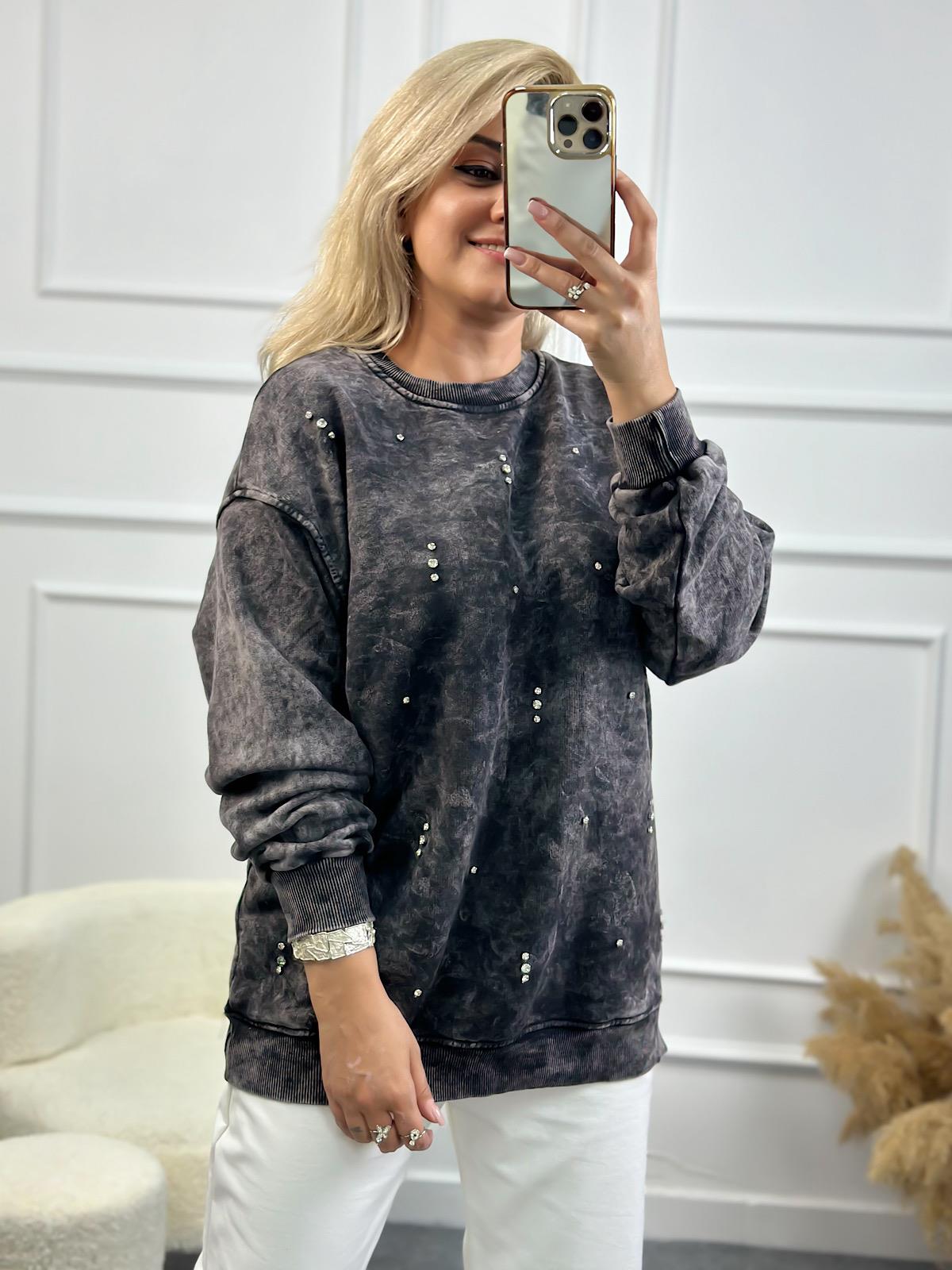 Serpme Taşlı Yıkamalı Sweatshirt FÜME