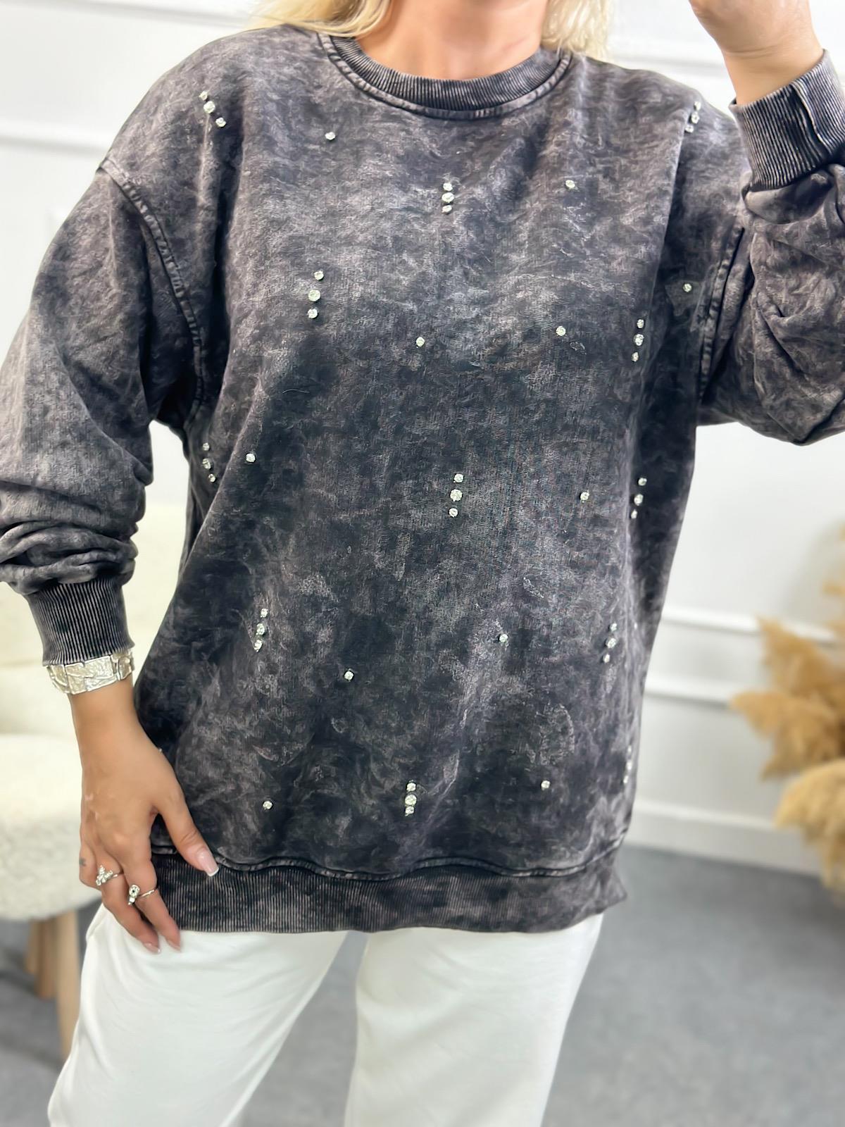 Serpme Taşlı Yıkamalı Sweatshirt FÜME