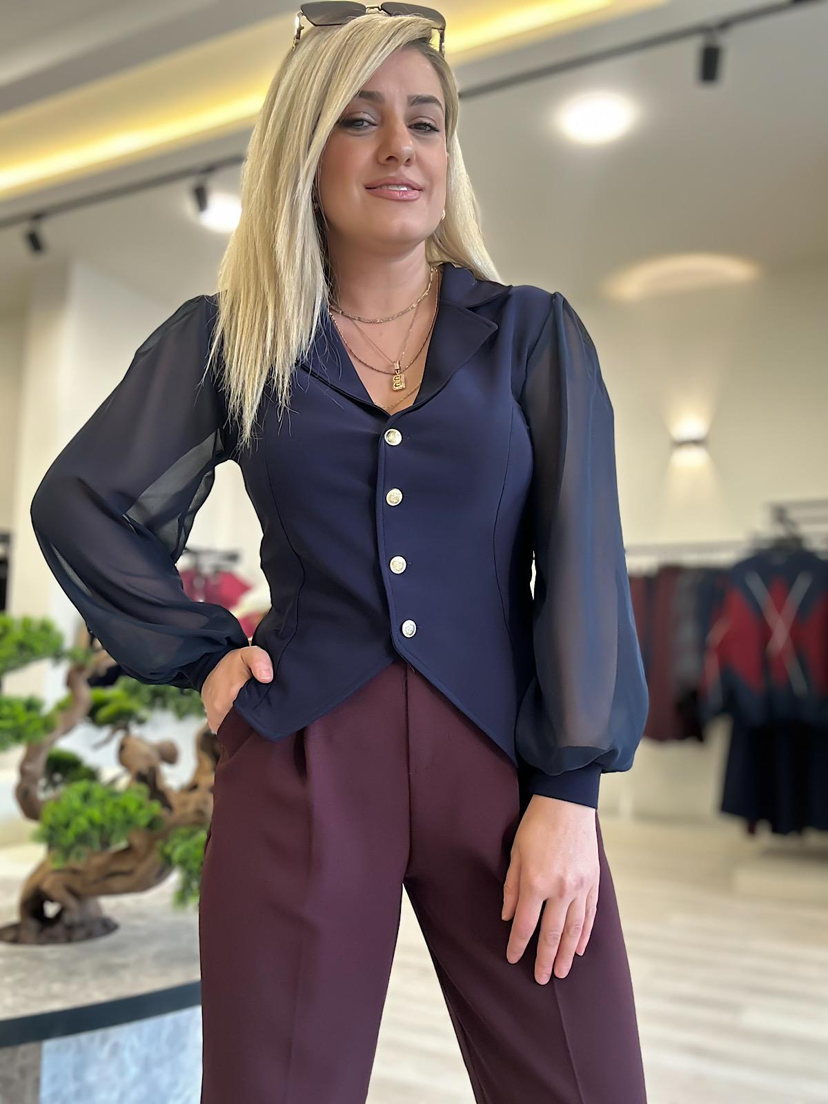 Şifon Uzun Kol Düğmeli Bluz LARCİVET