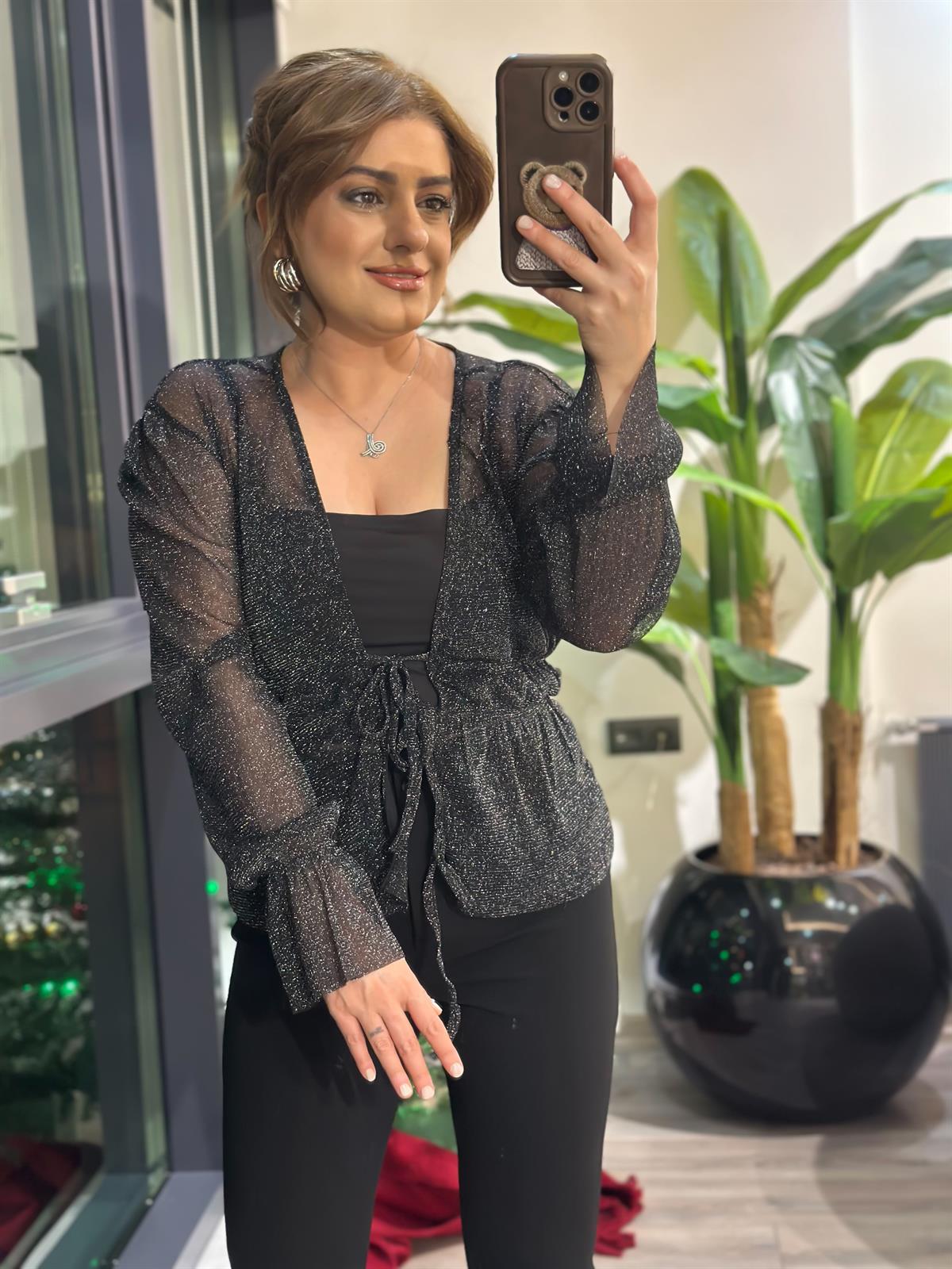 Simli Beli Lastikli Önden Bağlamalı Bluz SİYAH