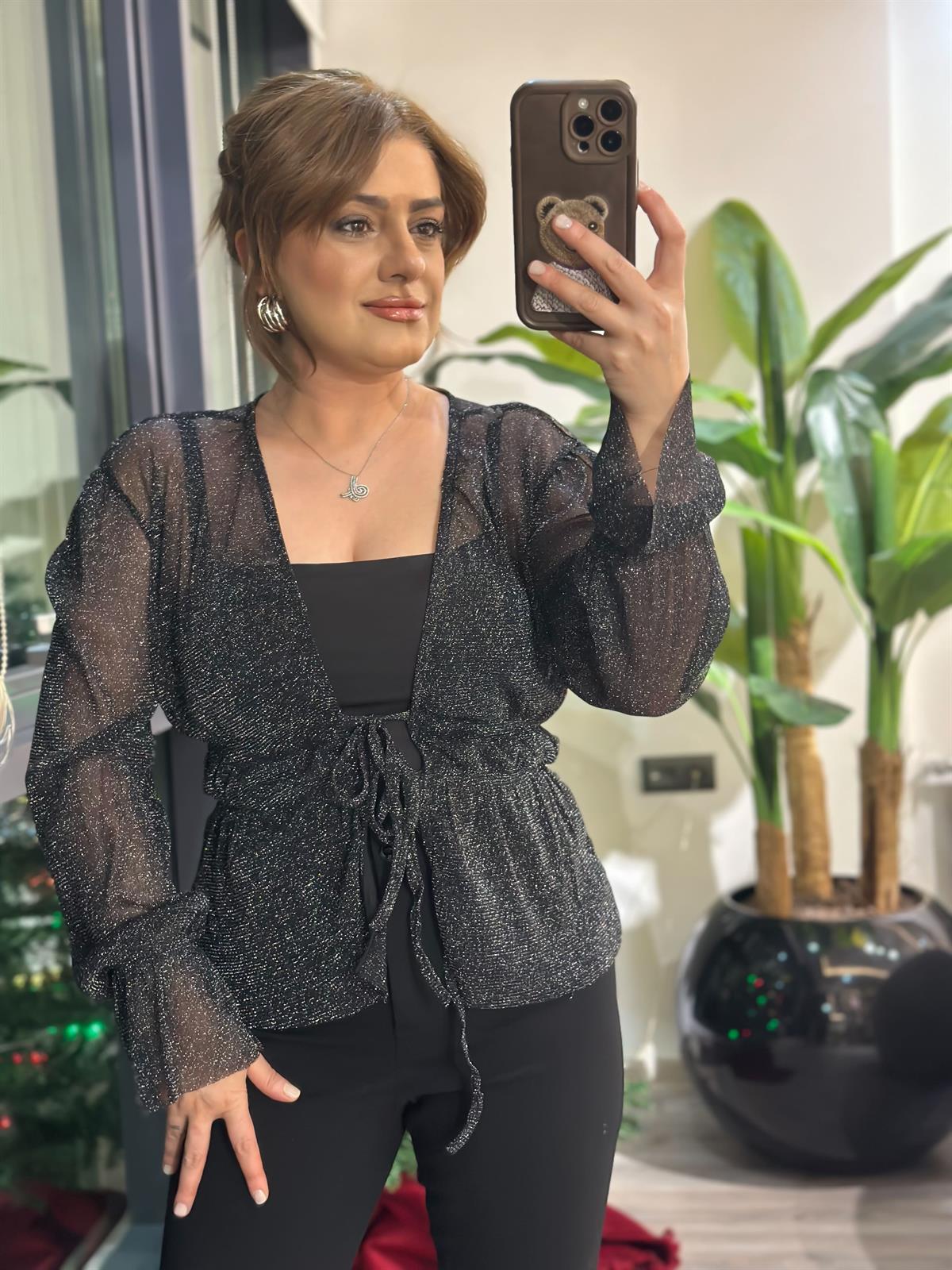 Simli Beli Lastikli Önden Bağlamalı Bluz SİYAH